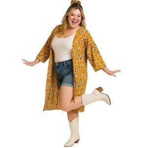 Bailey’s Blossoms XL/XXL Yellow Ditsy Floral Long Cardigan Boho Cottagecore